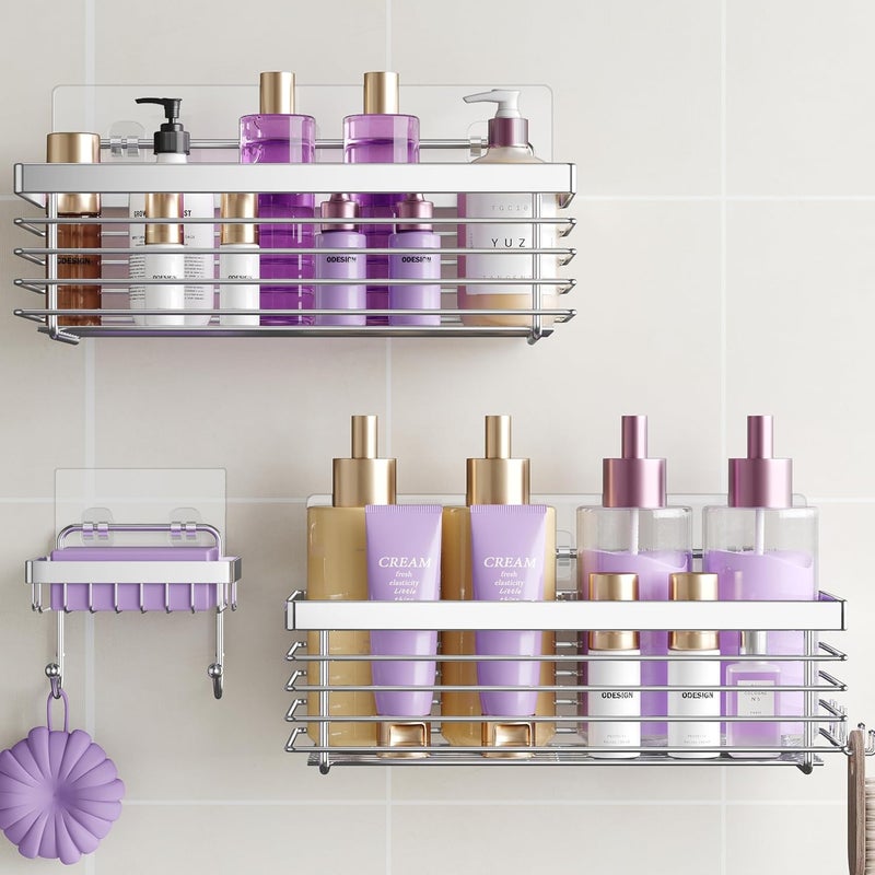 ODesign Shower Caddy 3 Pack SUS304 Stainless Steel-No Drilling-Shower Bathroom Shelves Rack,Rustproof Wall Mounted,Adhesive Shower Shelf Basket Organizer-Silver - Image 1